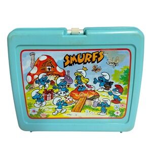 Vtg 1982 Smurfs Plastic Lunch Box with Thermos Blue Thermos Brand Peyo USA READ